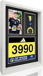 MedalAwardsRack 3-in-1 Shadow Box Display – Medal, Race Bibs & Photo Frame – Marathon & Triathlon Bib Holder, Wall-Mounted, Tempered Glass, Wood Frame - White
