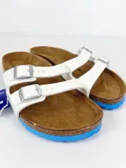 Birkenstock Ibiza Patent White Double Strap Blue Soles Slides Size 43 L12 M10