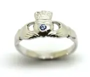Size P 9ct White Gold Australian Sapphire (Birthstone September) Claddagh Ring