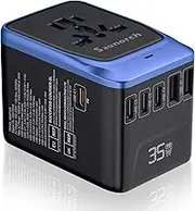 SAUNORCH Universal Travel Adapter, PD 35W 7 in 1 International Power Plug Adapter with 7.0A 4 USB-C and 2 USB-A Fast Wall Charger, Worldwide AC Outlet for US Europe UK AUS Asia