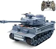 Dollox 1/18 Remote Control Tank, 2.4Ghz RC Military Vehicles German Tiger Army Battle Tank with Rotating Turret, Light & Sounds, Spray Shoot Soft Bullets and Waterbomb RC Car Toy Truck for Kids Adults