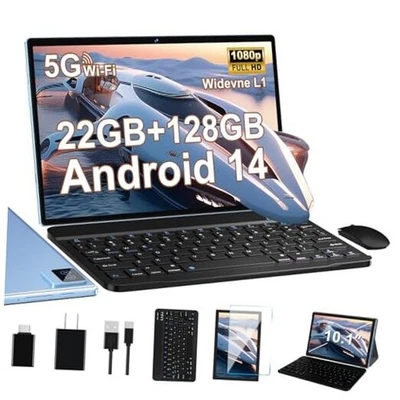 Android Tablet with Keyboard, 10 inch Android 14 Tablets 22GB+128GB, Octa Blue