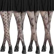 [Vabean] 4 Pcs Women's Patterned Tights Fishnet Floral Stockings Black Tights for Girls
