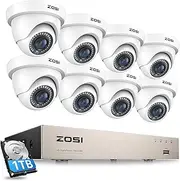 ZOSI 8CH 1080P Security Camera System with Hard Drive 1TB,H.265+ 8 Channel 5MP Lite HD-TVI DVR Recorder and 8pcs 1920TVL Weatherproof CCTV Dome Cameras Indoor Outdoor, 80ft Night Vision,Remote Access