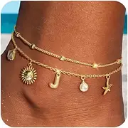 [JIAOGE] Ankle Bracelets for Women - Gold Initial Anklets for Women Waterproof Handmade Layered Gold Beach Seashell Starfish Sun Pearl Boho Anklets Summer Beach Jewelry Summer Gifts for Women
