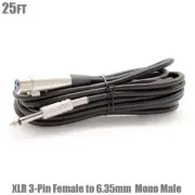25FT XLR 3-Pin Female to 6.35mm 1/4" Mono Male Mic Microphone Audio Cable Black