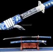 1095 Carbon Steel Real Japanese Samurai Katana Sword With Blue Scabbard Alloy.