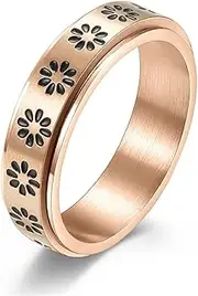 RIUKIU Small Embossed Flower Turnable Ring, Stylish Stainless Steel Ring for Men and Women,Gold,6