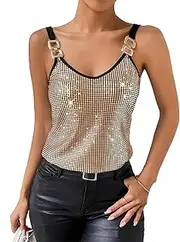 [Generic] Womens Sequin Top Sexy V Neck Metal Chain Strap Sparkly Sleeveless Party Club Camisole Tank Top