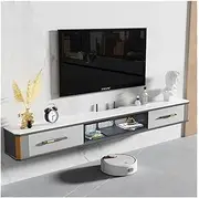Floating TV Unit Under TVs with Large Storage Space, Luxury Media Console with Fold-Down Glass Door, 4 Colours (Light Grey, 200 x 25 x 24 cm)