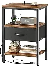 Homodoskey Nightstand with Charging Station, Bed Side Table with Adjustable Fabric Drawer, Night Stand for Bedroom, 3-Tier Storage End Table, for Living Room, Rustic Brown and Black