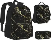 [ERCgad] Black Gold Marble Print Canvas 3-In-1 School Bags Set Backpack Lunch Bag Pencil Case Combo For Men Women, Black, One Size