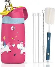 FEIJIAN Kids Stainless Steel Water Bottles with Straw, 12 oz Leak Proof Insulated Water Bottle Double Wall, Keep Drinks Hot Cold Toddler Thermos with Handle BPA-Free for School