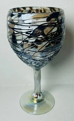Hand Blown Tortoise Shell Speckle Silver Drizzle Iridescent Wine Goblet Mexico