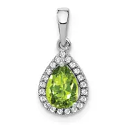 14k White Gold Pear Peridot and Real Diamond Halo Pendant