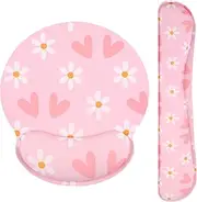 Ksriylm Cute Mouse Pad with Wrist Support Keyboard Wrist Rest Set,Ergonomic Mouse Pad with Non-Slip Base for Office Gaming Working Computers,Easy Typing & Pain Relief Mouse Mat,Lovely Flower and Heart