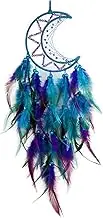 Moon Dream Catcher Handmade Feather Wood Beads Wall Hanging Decor - Blue Purple Bohemian Ornament for Kids Bedroom Home Decoration - Art Craft Gift