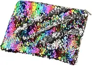 Double-Sided Glitter Pencil Case Reversible Sequin Zipper Pencil Pouch for Cosmetic Makeup Holder Large Capacity with Glitters Office Organizer Storage Makeup Bag for Students Girls (Rainbow+Silver)