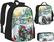 3 Pcs Set Backpack,Waterproof Laptop, Insulated Lunch Bag & Pencil Case Pouch, Fashionable,Cute,Hello Autumn, Christmas Mailbox and Gifts, One Size