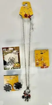 Vintage Halloween Jewelry LOT Necklace Earrings Ring Spider Skeleton NEW NOS