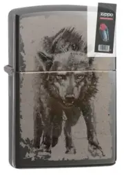 Zippo 49073 Photo Image Wolf Design Black Ice Pocket Lighter + FLINT PACK