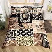 Boho Skeleton Duvet Cover Set Full Size,Gothic Crow Moth Pattern Bedding Set,Black Brown Grid Patchwork Comforter Cover for Kids Teens Girls Boys Room Decor,Vintage Hippie Style Quilt Cover 3Pcs