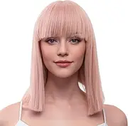 IMISSU Short Natural Cut Hair Cosplay Wig with Straight Bangs Halloween Costume Party Bob Wigs for Women (Pink)