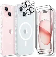 BANLEA 6-in-1 Double Case for iPhone 15 Glitter + Magnetic Clear, with 2X Screen Protector + 2X Camera Lens Protector, [Non-Yellowing] Protective Shockproof Phone Case (Sparkle Clear + Magsafe Clear)