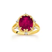 9ct Gold, Created Ruby & Diamond Filigree Ring in Red