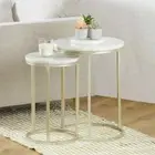 Real Marble Coffee Table set of 2 Round Side End Table Metal Base - Gold Toned