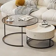 EKDJSN Nesting Table Set of 2, Coffee Tables with Large Storage Drawer, Two Glass Tabletops Available, Retractable Modern Round Coffee Tables for Small Space(Black+Brown,31in+18in)