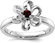 [Stackable Expressions] 925 Sterling Silver Prong set Stackable Polished Garnet Flower Ring Size 7-Stackable-Ring for Women