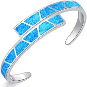 Blue Opal Double Layer Cuff Bangles 925 Sterling Sliver Jewelry For Women Girl