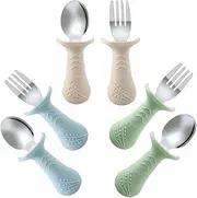 PandaEar Baby Toddler Fork and Spoon Utensil Set, 6 Pack Silicone Stainless Steel Silverware Spoon Fork for Babies Toddler, BPA Free with Silicone Holding Anti-Choke Design (Blue&Green&Light Tan)