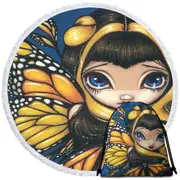 Big Eyed Cute Fairy Golden Butterflies Round Beach Towel