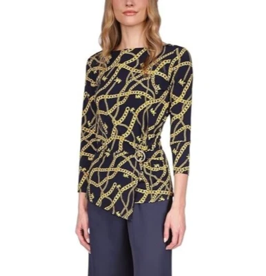 Michael Kors women's Chain print 3/4 Sleeve Jersey Top Shirt- Medium - Navy