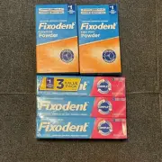 Fixodent Denture Lot 3 Tubes Of Paste Adhesive & 2 Boxes Of Powder Adhesive