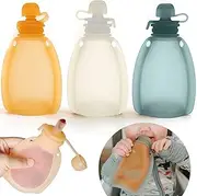 Reusable Silicone Food Pouch for Baby and Toddlers, Squeezable Pouch, Squeeze Pouch, Easy Clean Silicone Pouch for Pre-K and School, Homemade Baby Food Storage, 4oz (Orange-Green-White 3 Pack)