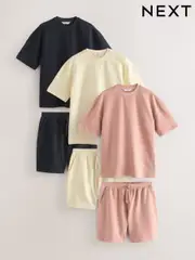 Navy/Ecru/Pink 100% Cotton Co-ord T-Shirts And Shorts Set 3 Pack (AM7928) | $173