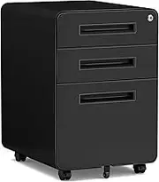 MIIIKO Mobile Filing Cabinet 3 Drawers, Black Rolling Small File Cabinet with Keys Under Desk, Full Assembled Except Wheels