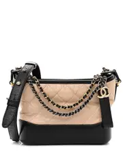 Chanel Beige Black Leather Aged Quilted Small Gabrielle Hobo (Authentic Pre-Loved)