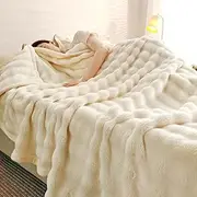 Funtaki Soft Fuzzy Throw Blanket for Couch Sofa, 3D Bubble Faux Rabbit Fur Fluffy Blankets, Super Cozy Warm Bed Blanket for Winter All Seasons, Cream White, 180×200cm
