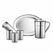 Stainless Steel 6 Pcs Lemon Set 4 Glass 1 Jug Pitchers 1 Tray Plain Serveware