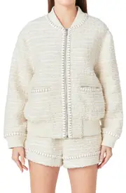 Endless Rose Metallic Thread Detail Tweed Bomber Jacket in Ivory at Nordstrom, Size Large