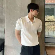 Short-Sleeve Plain Knit Ribbed Polo Shirt White - 2XL