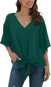 [Anelune] Ladies’ Chiffon Blouses with V-Neck and Front tie Batwing Sleeves Short Sleeves Summer Tops and Shirts