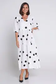 Eleanor Linen Dress - White/Black Spots