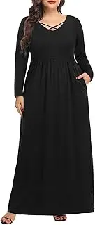 [Pinup Fashion] Women Plus Size Long Sleeve Loose Plain Maxi Dresses V Neck Casual Long Dresses with Pockets