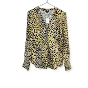 Ann Taylor Blouse XS Leopard Print Mixed Media Pleat Front Top Long Sleeve
