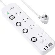 Addtam Power Board Individual Switch,Power Strip with 4 AC Outlets, 2 USB A and 2 USB C,Surge Protector 1.2M Extension Cord, 350 Joules,Overload Protection,Powerboard for Home and Office Use (White)